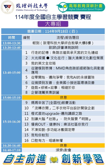 致理科技大學114年度全國自主學習競賽-決賽議程圖片