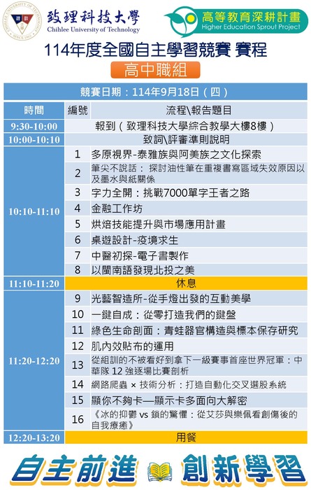 致理科技大學114年度全國自主學習競賽-決賽議程圖片