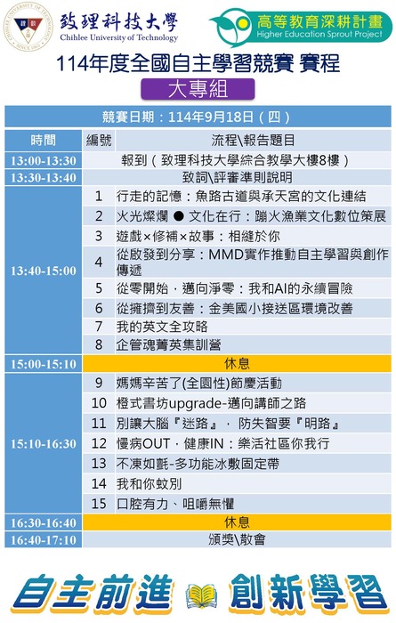 致理科技大學114年度全國自主學習競賽-決賽議程圖片