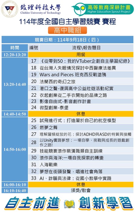 致理科技大學114年度全國自主學習競賽-決賽議程圖片